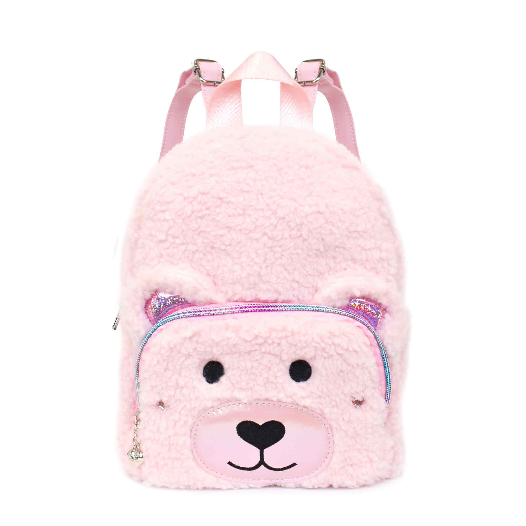 Front View of Pink Sherpa Teddy Mini Backpack