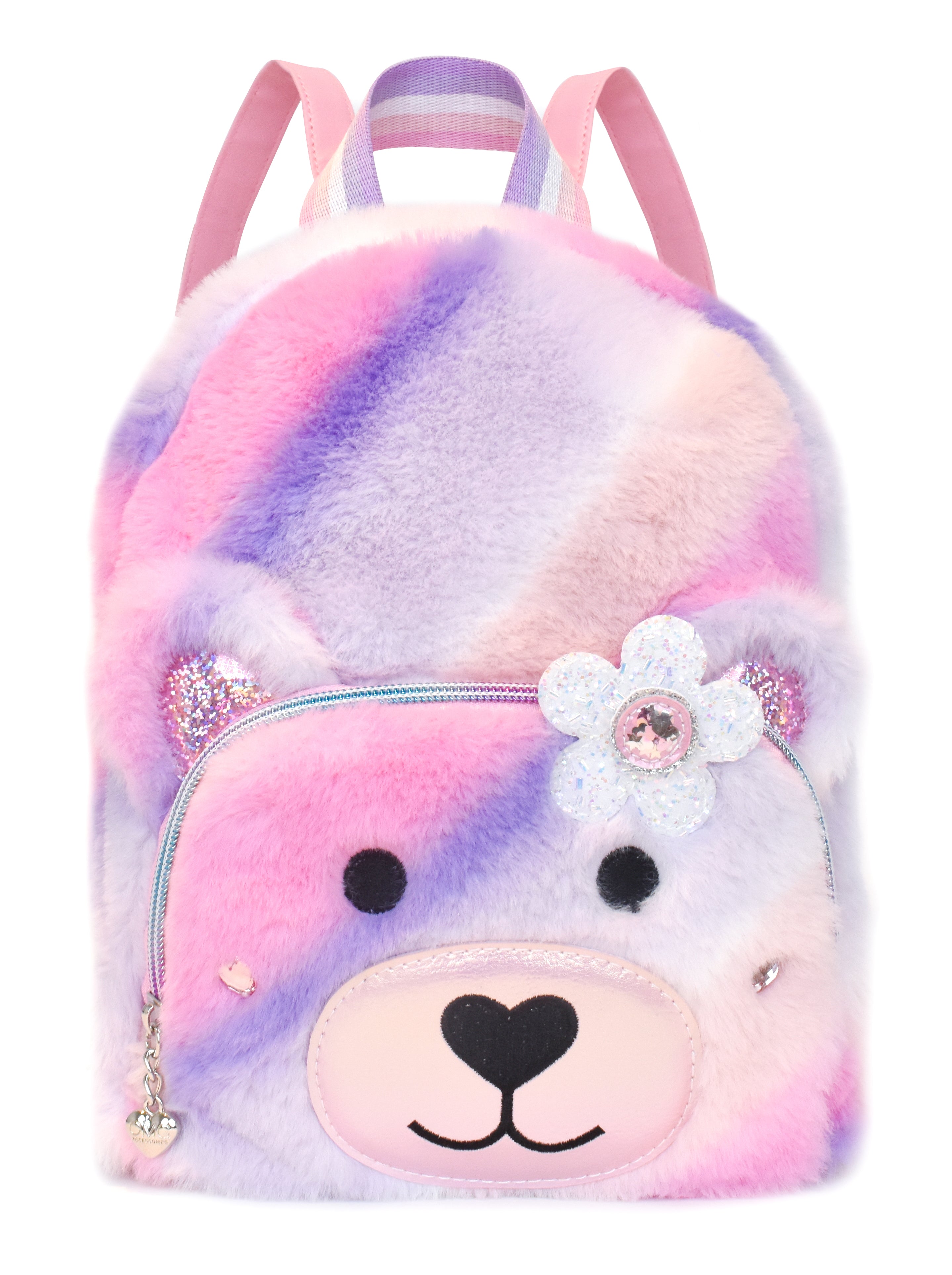 front view of an ombre plush mini backpack with a teddy face and glitter daisy applique