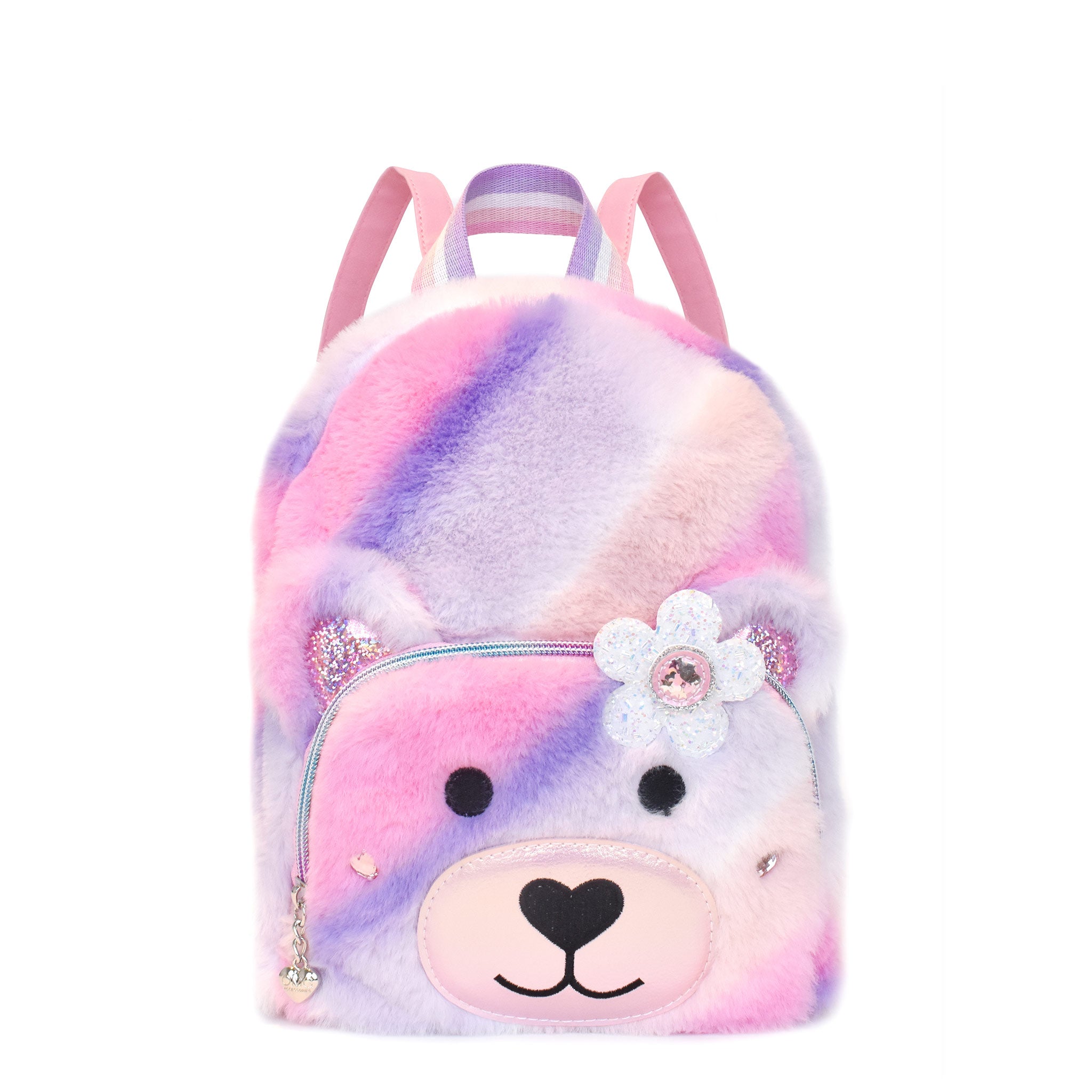 Front view of an ombre plush teddy face mini backpack with a glitter daisy applique