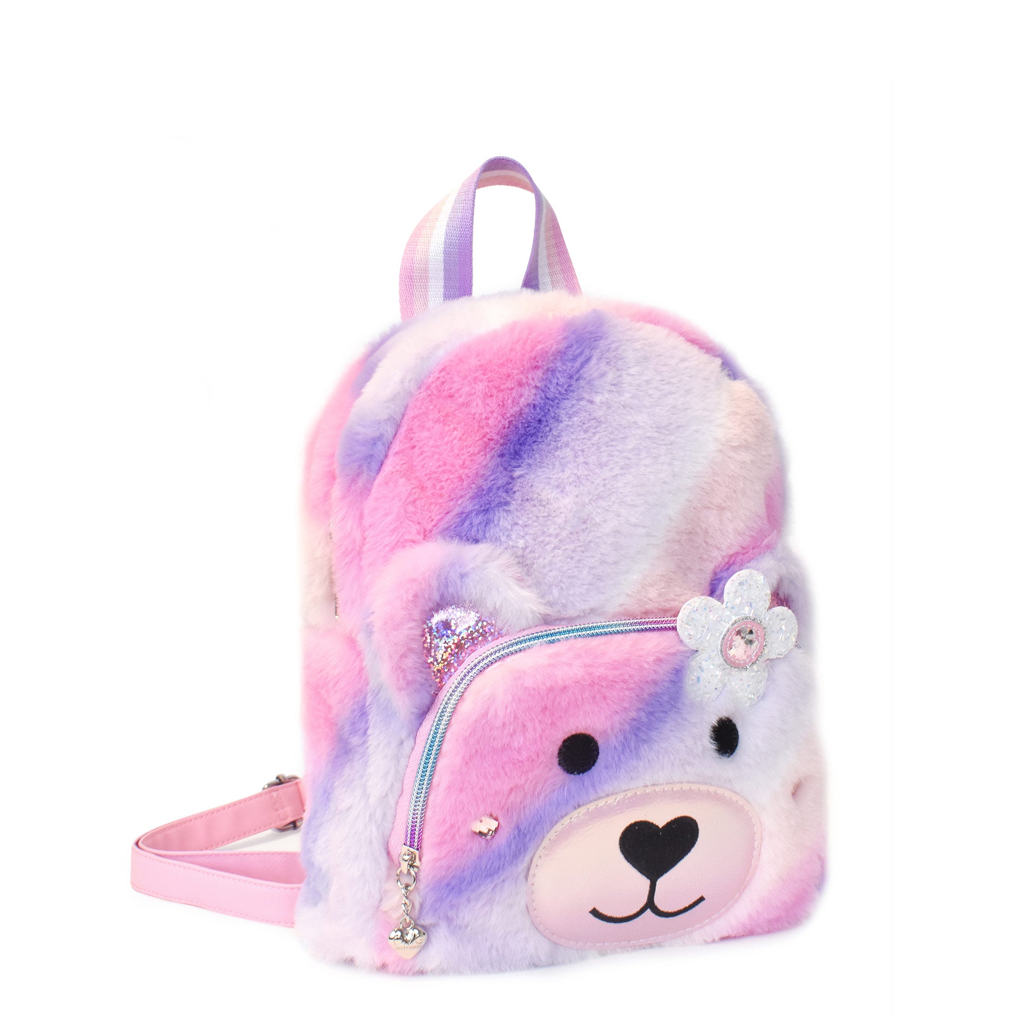 Side view of an ombre plush teddy face mini backpack with a glitter daisy applique