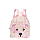 Front view of a pink tweed  miniature backpack with a teddy bear face  