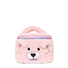 Front view of a pink sherpa round train case with a teddy bear face