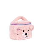 Side  view of a pink sherpa round train case with a teddy bear face