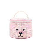 Front view of Miss Winny the Teddy pink Tweed Round Glam Bag with pearl handles