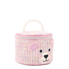 Side view of Miss Winny the Teddy pink Tweed Round Glam Bag with pearl handles