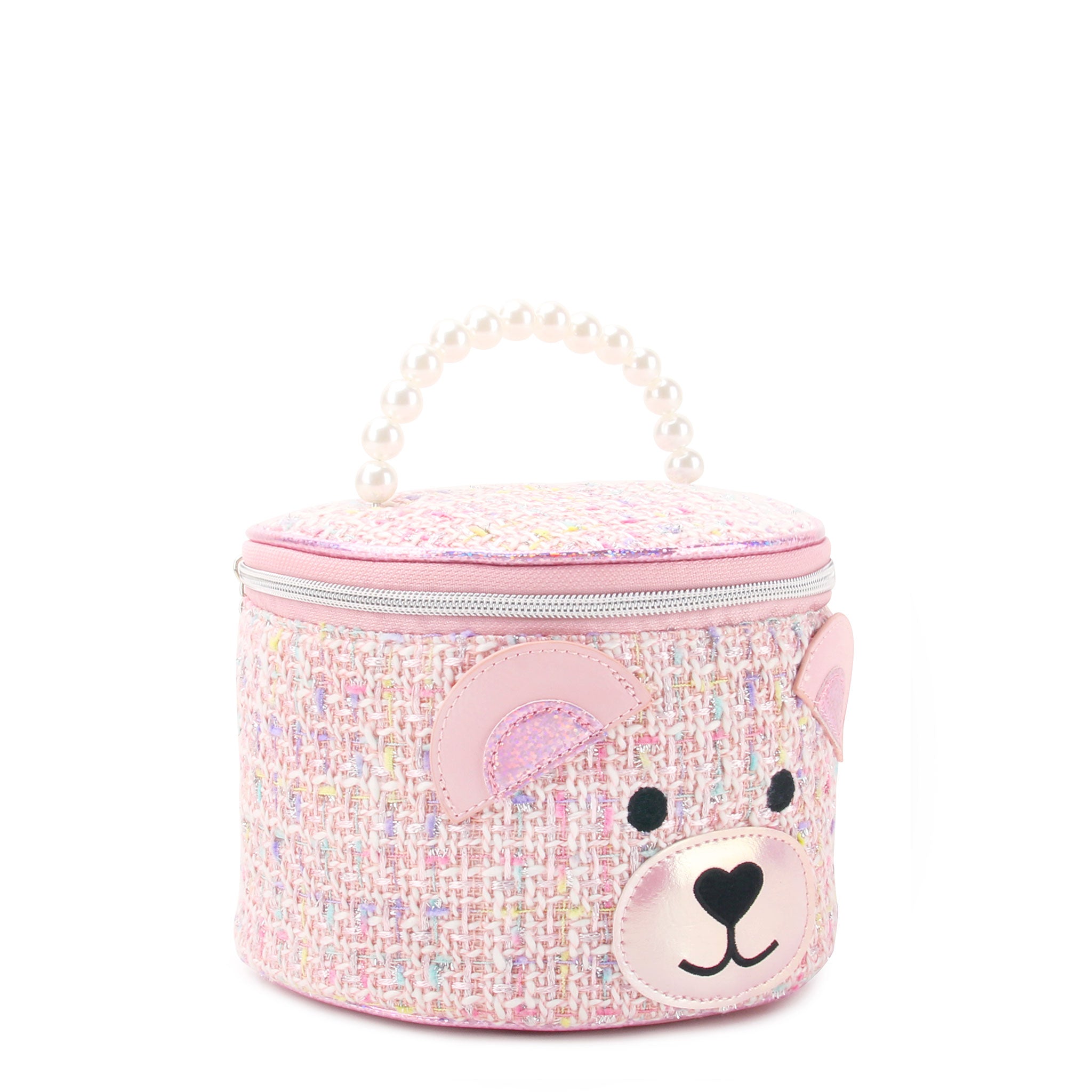 Side view of Miss Winny the Teddy pink Tweed Round Glam Bag with pearl handles