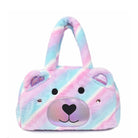 Front view of a teddy bear face duffle bag with pink purple blue and white plush ombre