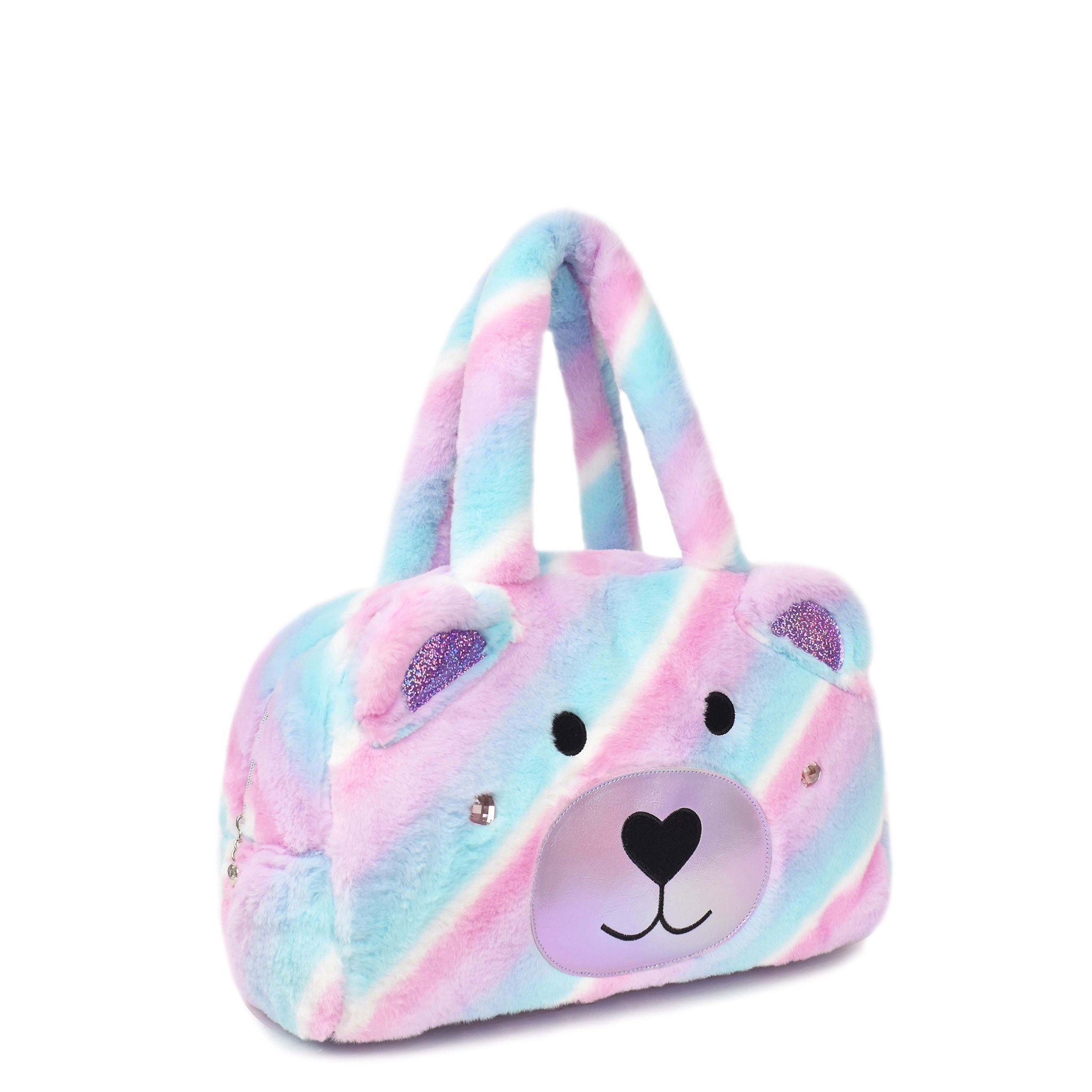 Side view of a teddy bear face duffle bag with pink purple blue and white plush ombre