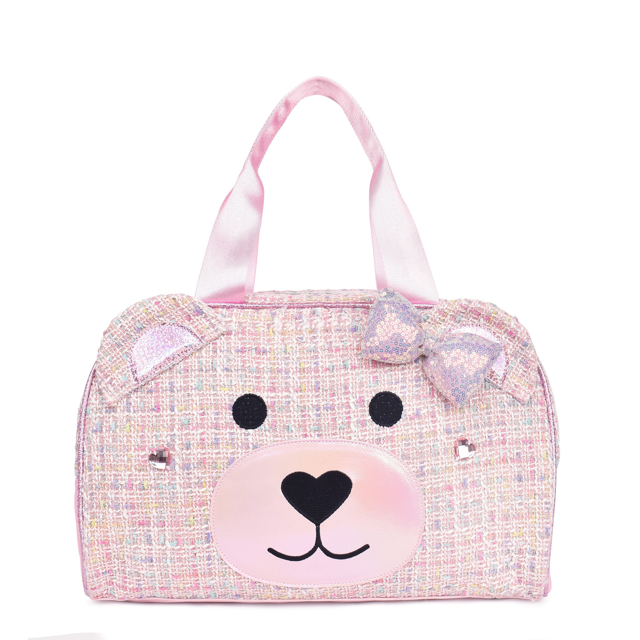 front view of a tweed medium duffle bag with a teddy bear face