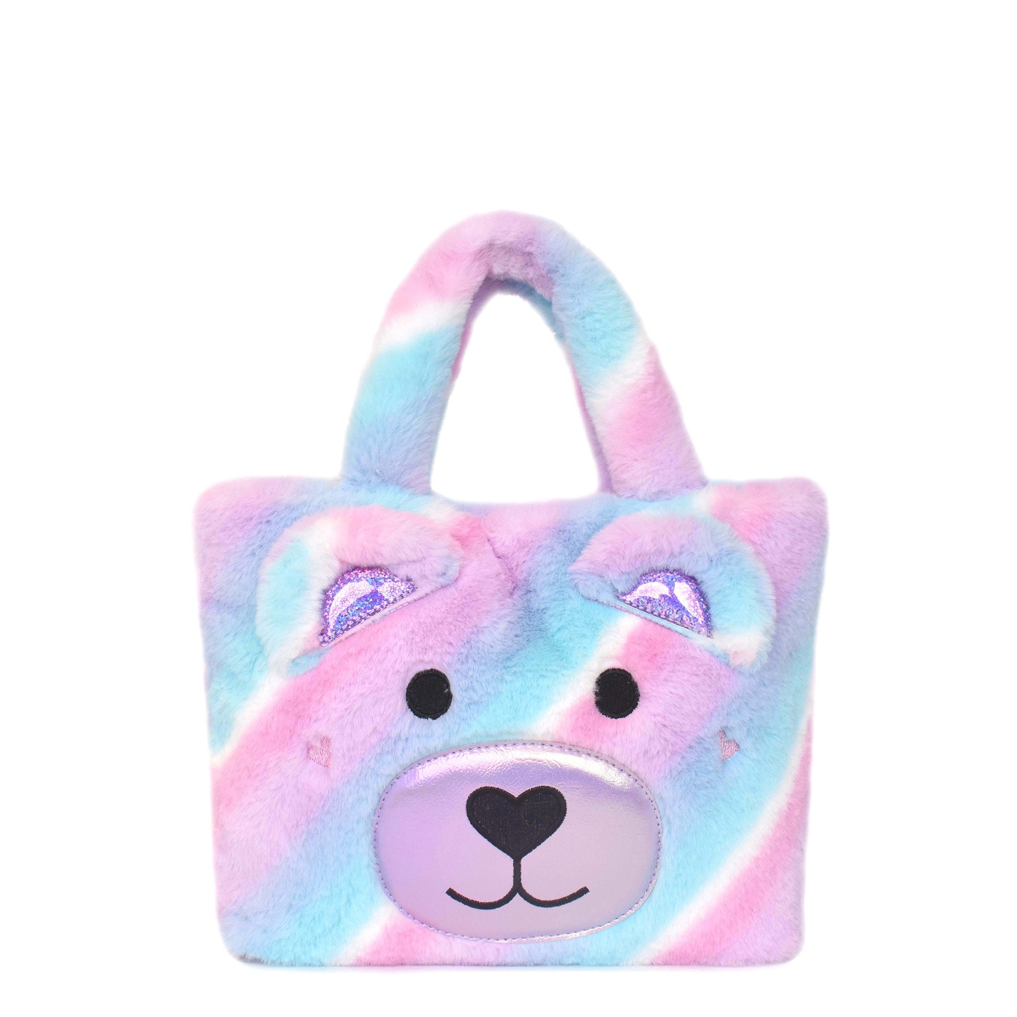 Front view of a pastel ombre plush mini tote bag with a teddy bear face