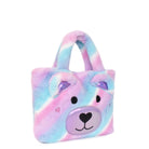 Side view of a pastel ombre plush mini tote bag with a teddy bear face