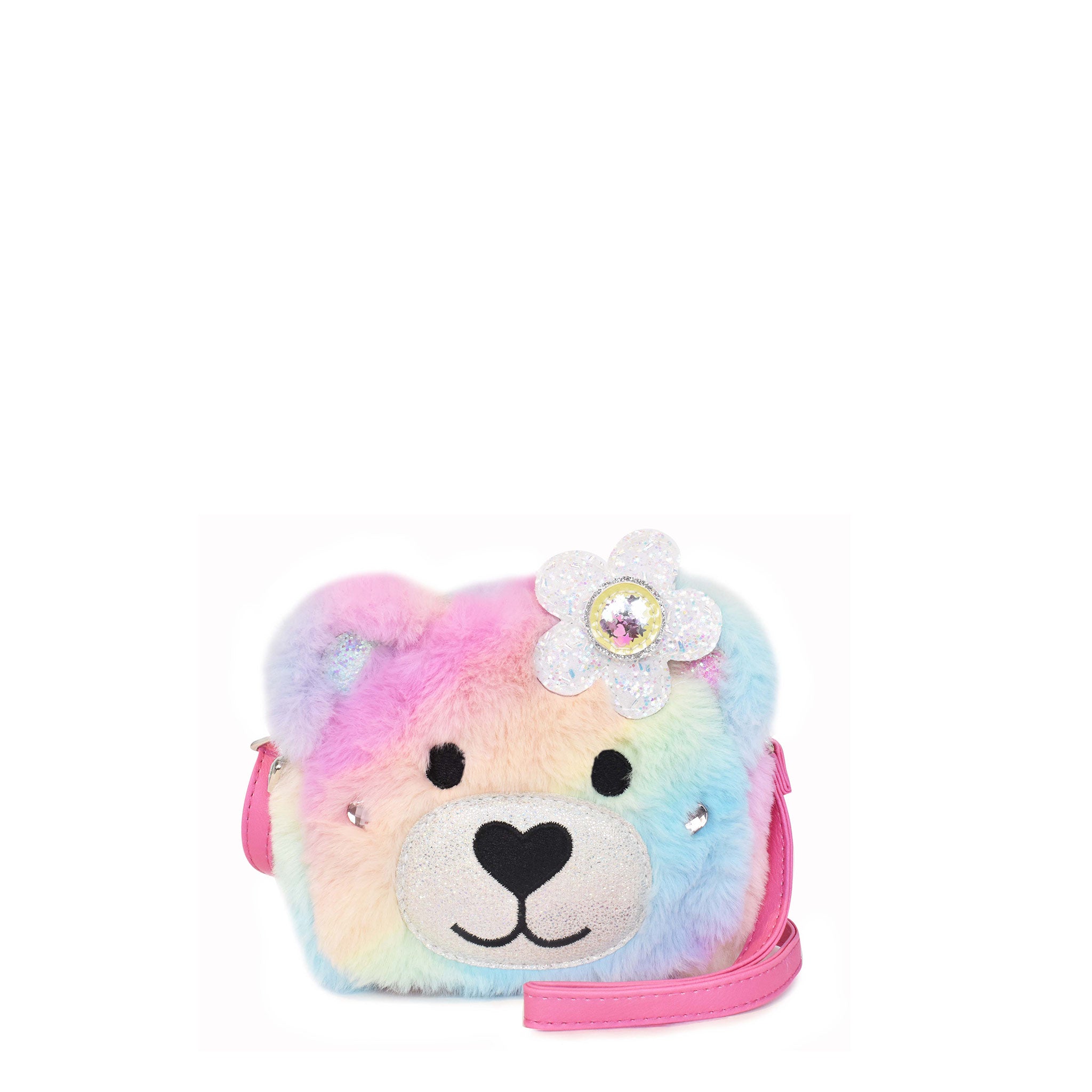 Front view of a rainbow plush teddy face crossbody bag