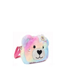 Side view of a rainbow plush teddy face crossbody bag