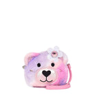 Front view of a purple and pink pastel ombre plush crossbody bag with a teddy bear face & glitter flower appliqué 