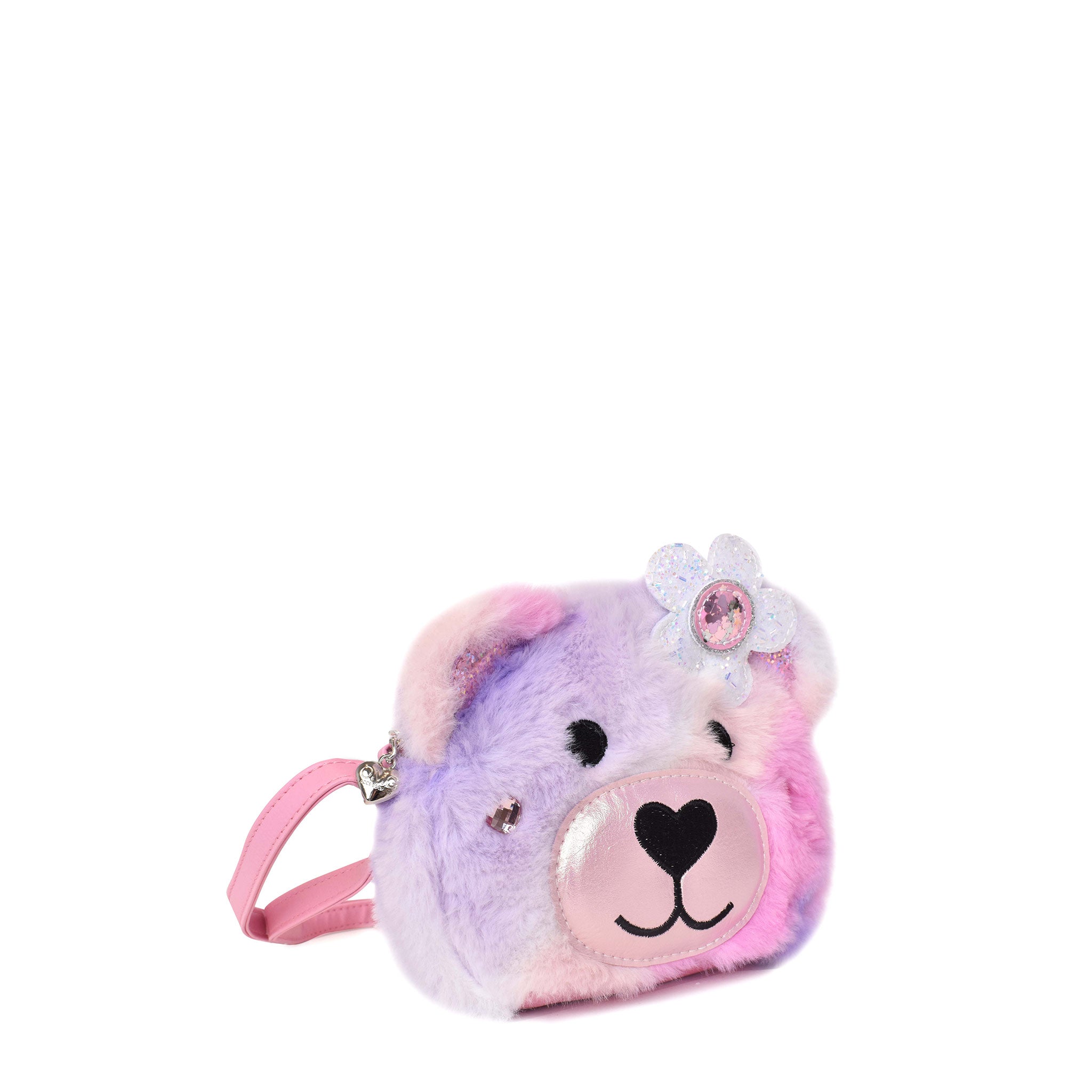 Side view of a purple and pink pastel ombre plush crossbody bag with a teddy bear face & glitter flower appliqué