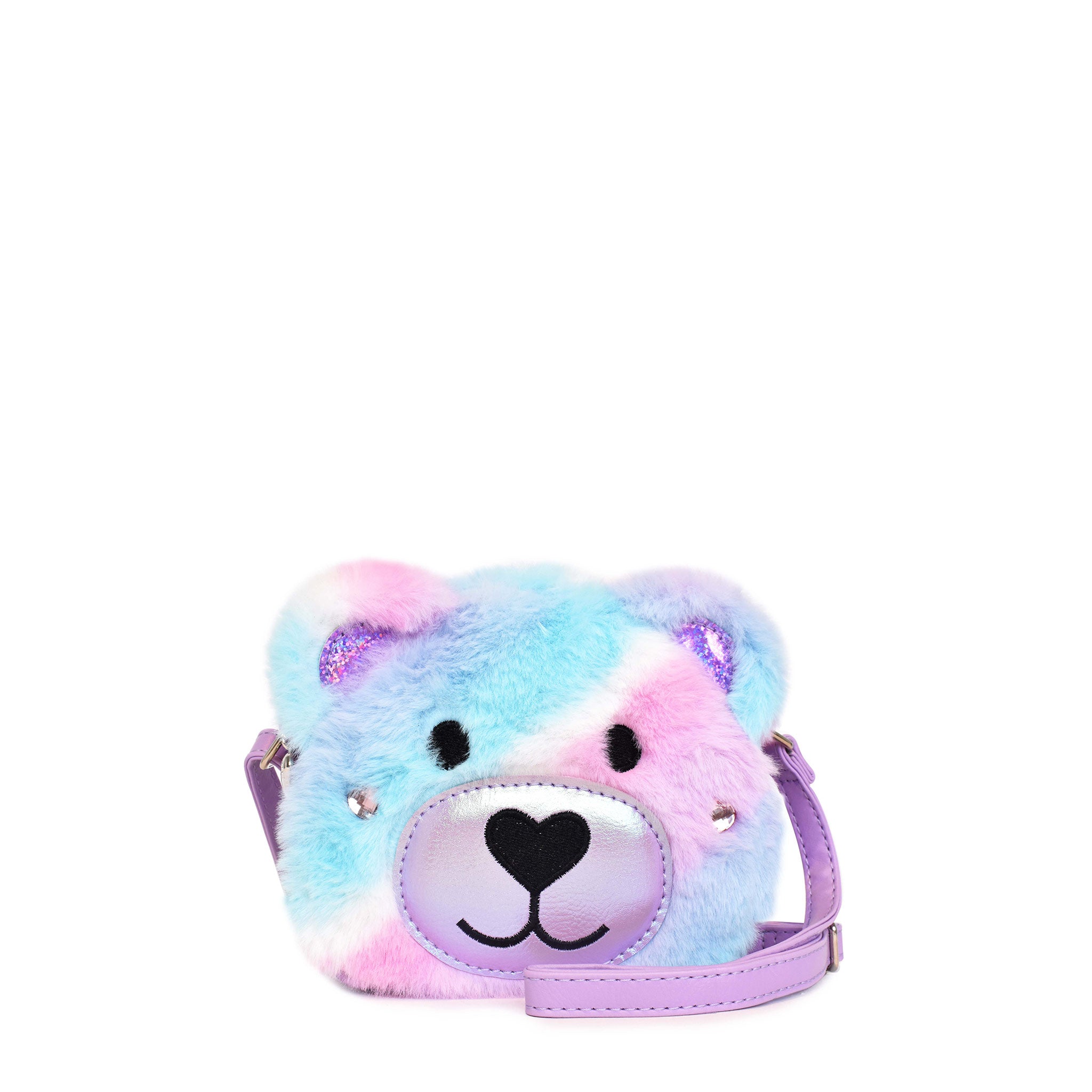 Front view of a cool-toned pastel ombre plush teddy bear face crossbody bag 