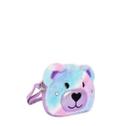 Side view of a cool-toned pastel ombre plush teddy bear face crossbody bag