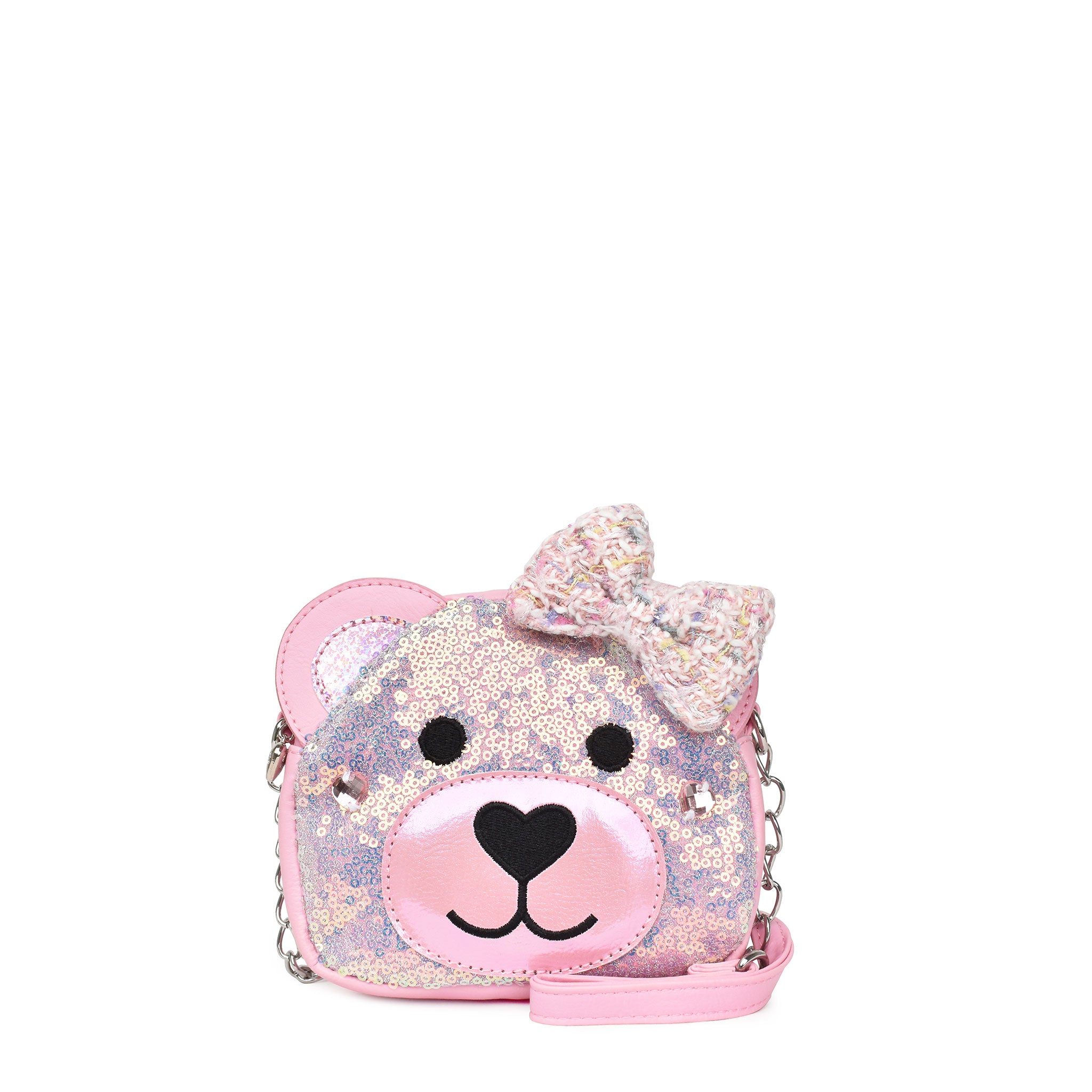 front view of a sequin teddy bear face crossbody with a tweed bow applique 