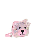 side view of a sequin teddy bear face crossbody with a tweed bow applique 
