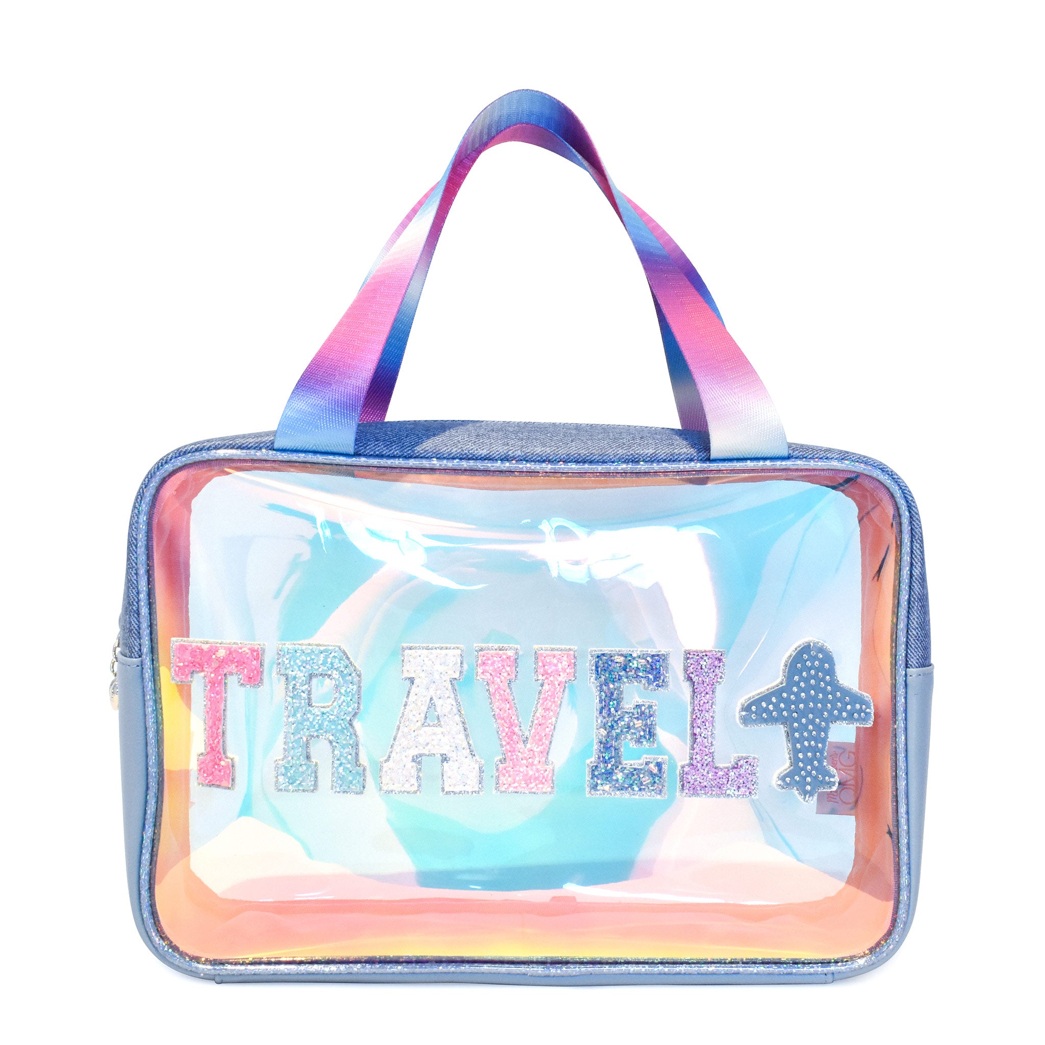 Front view of a blue glazed clear large cosmetic case with double handles and glitter varsity letters applique 'TRAVEL'