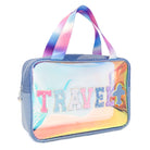 Side view of a blue glazed clear large cosmetic case with double handles and glitter varsity letters applique 'TRAVEL'