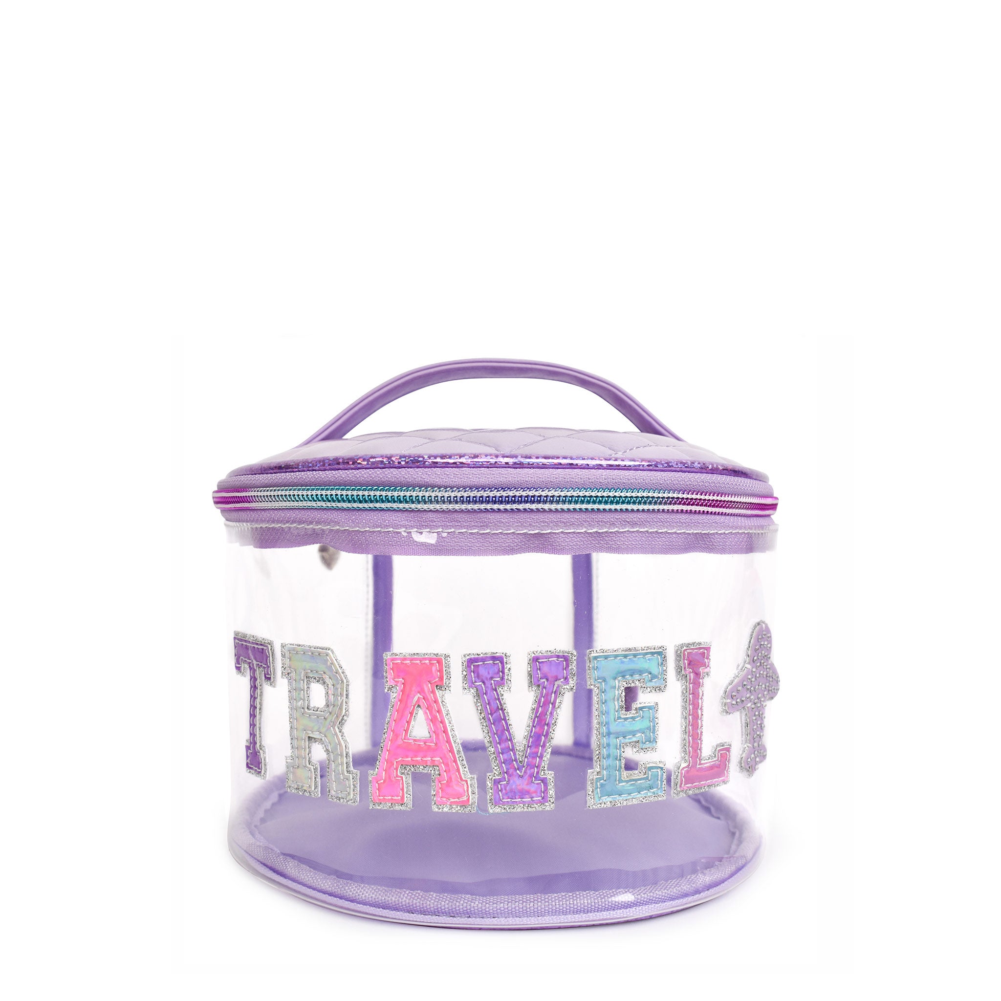 Front view of clear round purple 'Travel' glam bag with reflective varsity-letter patches