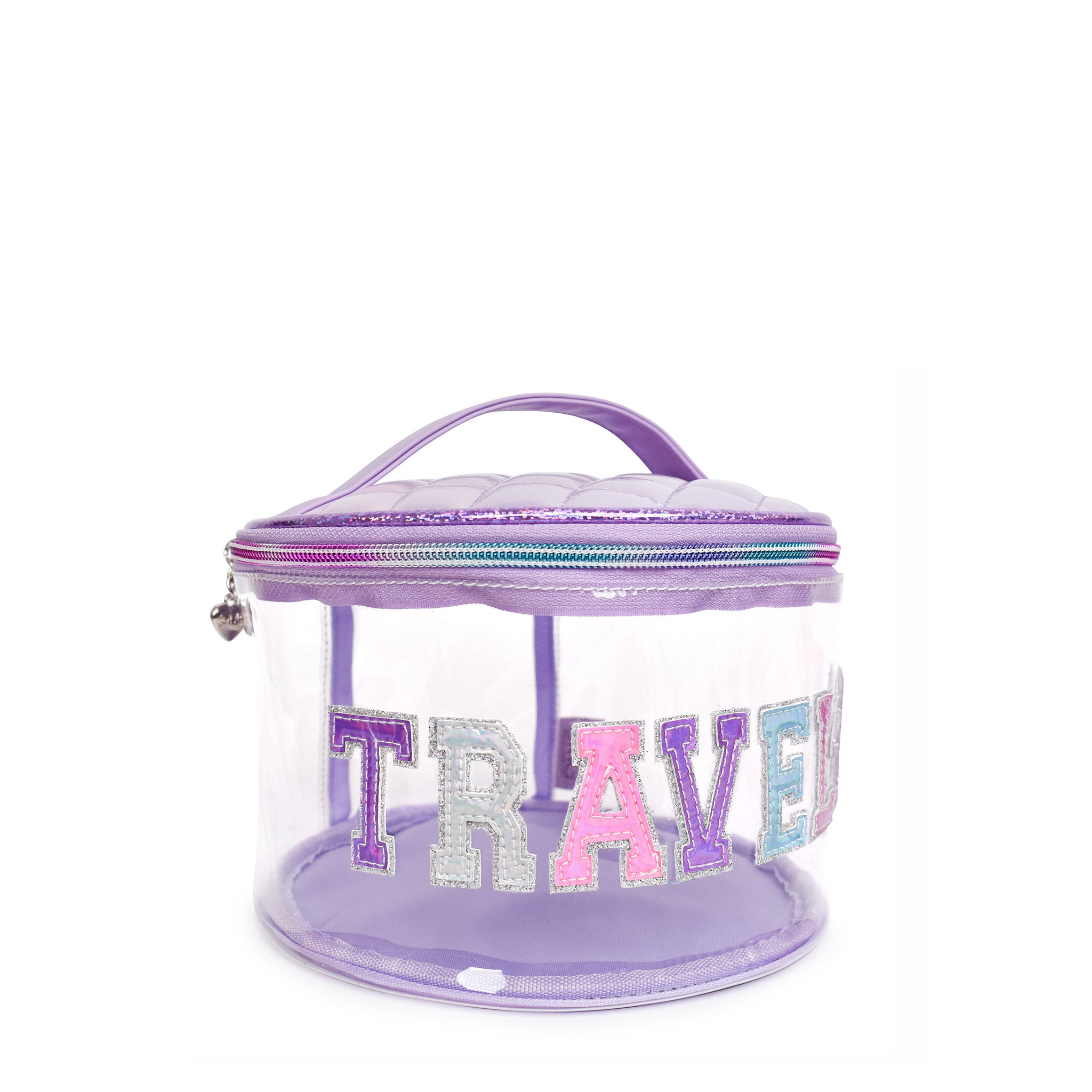 Side view of clear round purple 'Travel' glam bag with reflective varsity-letter patches
