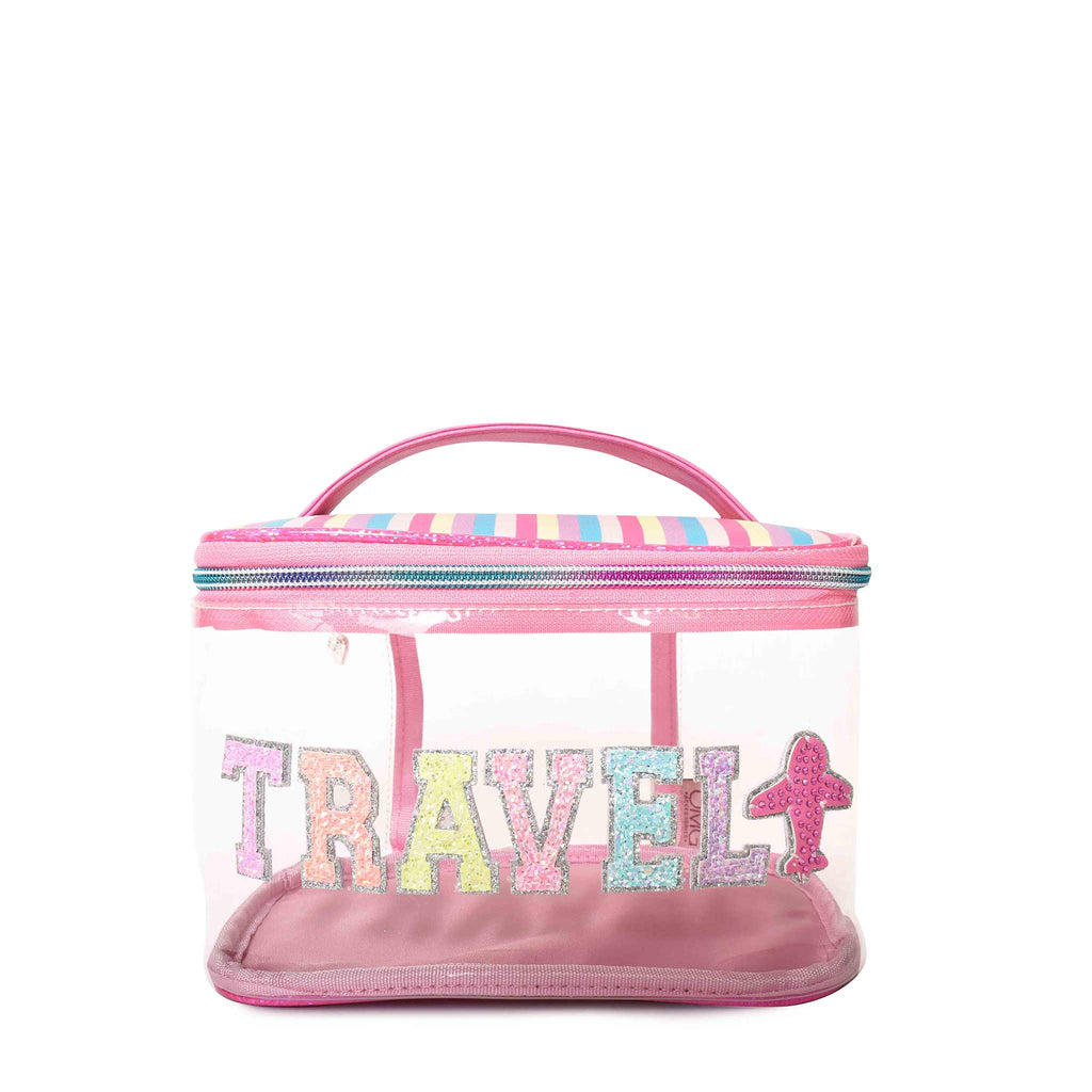 Front view of clear 'Travel' striped train case with glitter varsity-letter patches and rhinestone airplane patch
