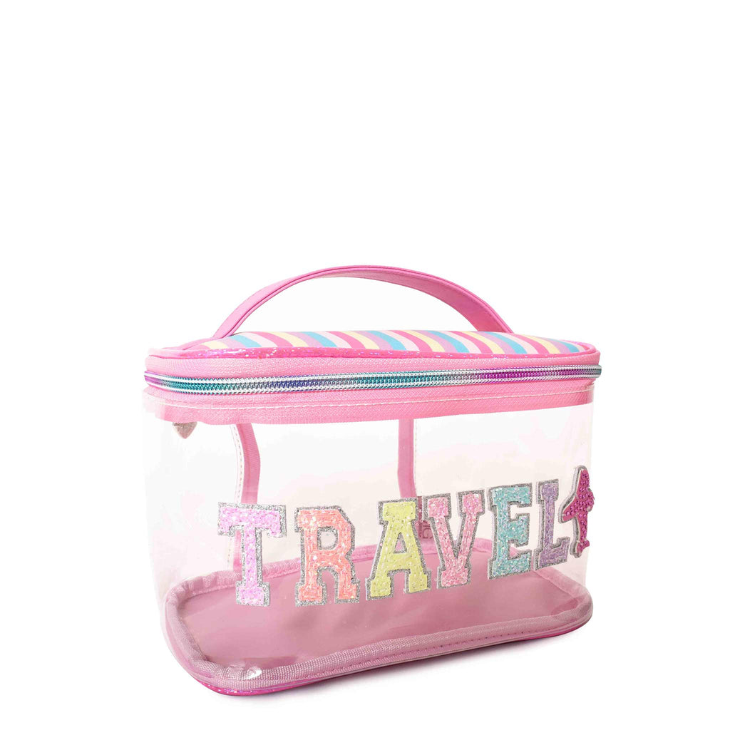Side view of clear 'Travel' striped train case with glitter varsity-letter patches and rhinestone airplane patch