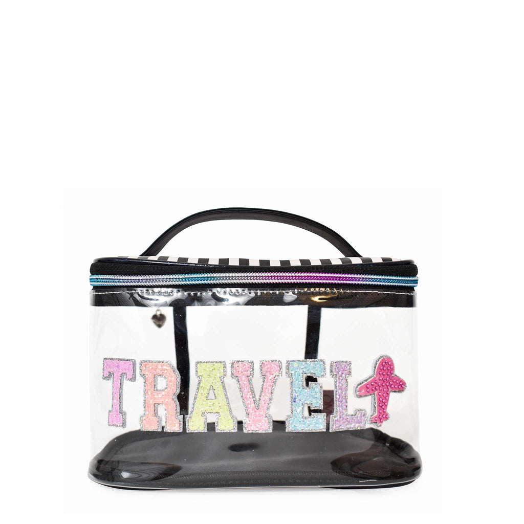 Front view of clear 'Travel' black-and-white striped train case with glitter varsity-letter patches and rhinestone airplane patch