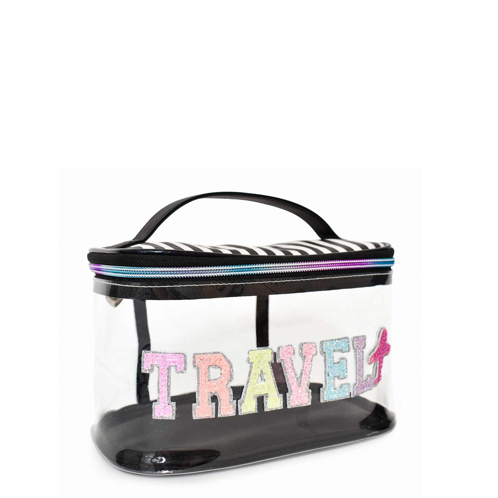 Side view of clear 'Travel' black-and-white striped train case with glitter varsity-letter patches and rhinestone airplane patch
