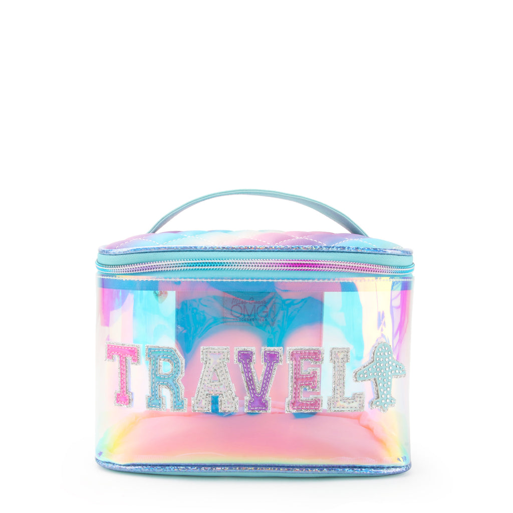 Front view of clear glazed 'Travel' glam bag with reflective varsity-letter patches