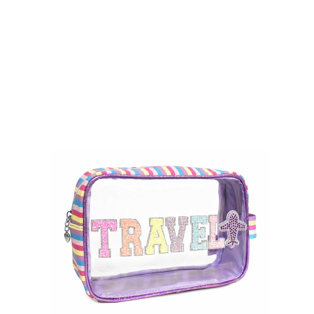 Side view of clear lavender striped 'Travel' pouch with glitter varsity-letter patches and a rhinestone airplane patch