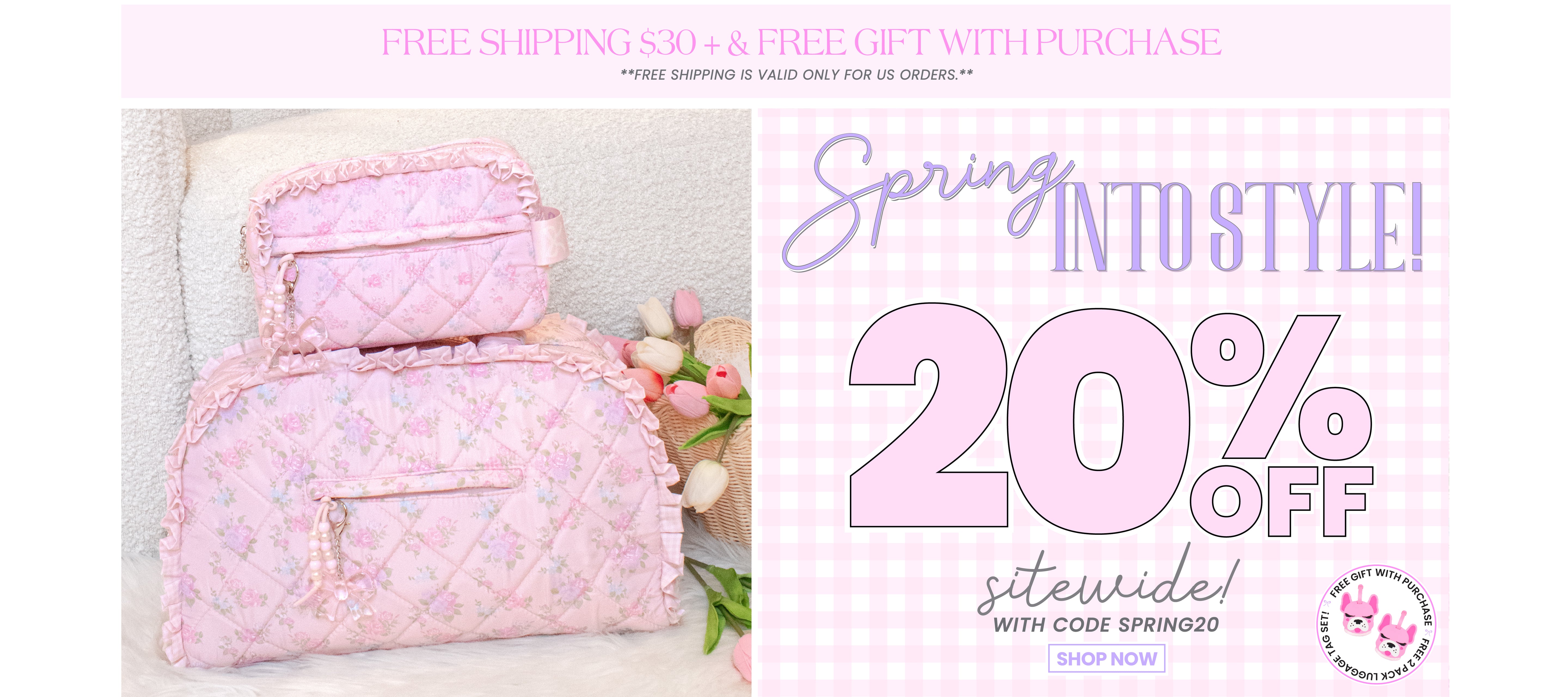 Pink quilted bag with floral accents on a light background, promotional text for 20% off and free gift offer.