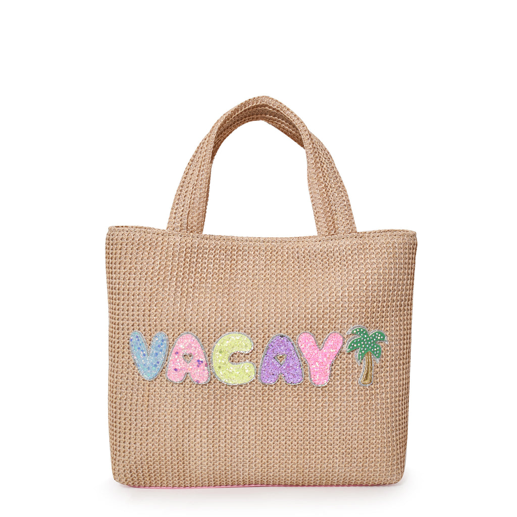 Front view of straw mini beach tote with glitter bubble-letters 'VACAY' and palm tree appliqués.