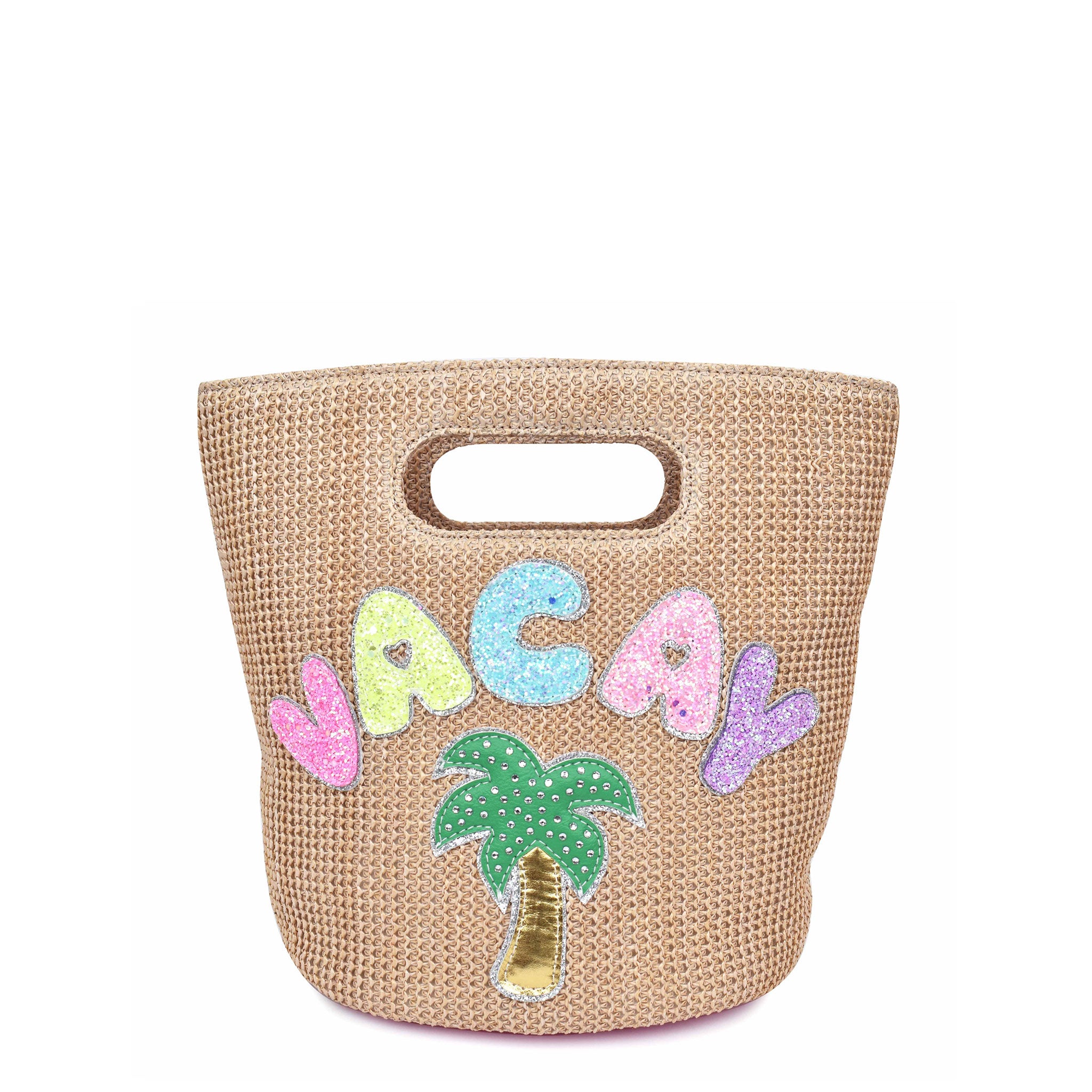 Front view of natural colored straw tote bag embellished with glitter bubble letters 'VACAY' and palm tree appliqués.