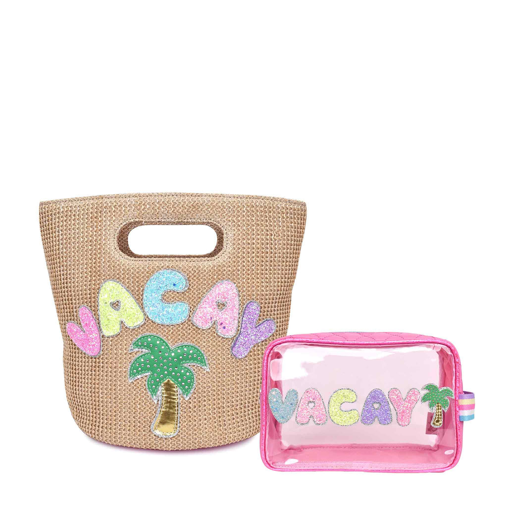 Front view of mini straw top-handle 'Vacay' tote bag and clear pink 'Vacay' pouch value set