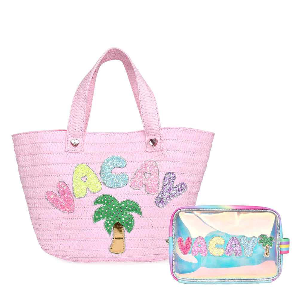 Front view of pink straw 'Vacay' tote and clear glazed 'Vacay' pouch value set