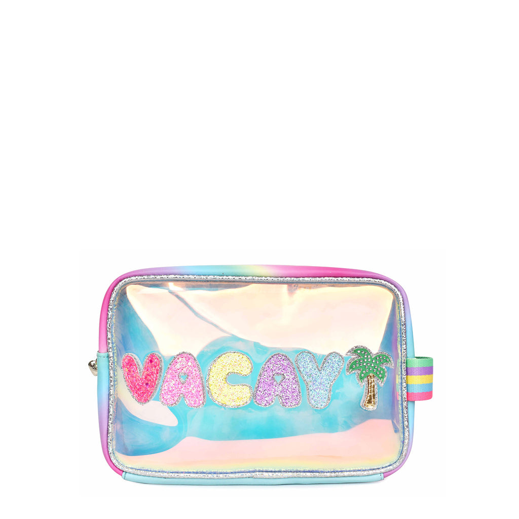 Front view of light blue cglazed clear pouch with glitter bubble letters 'VACAY' and palm tree appliqués