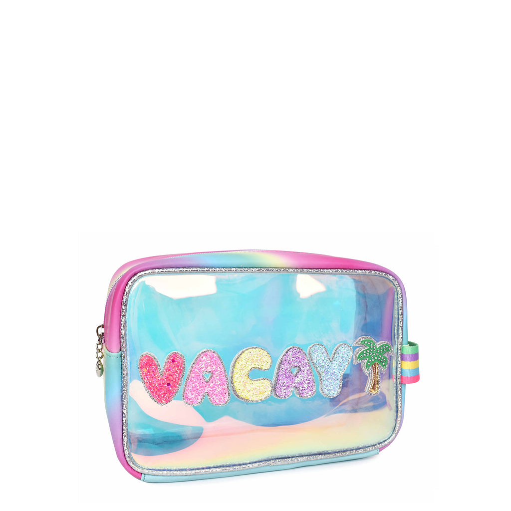 Side view of light blue cglazed clear pouch with glitter bubble letters 'VACAY' and palm tree appliqués