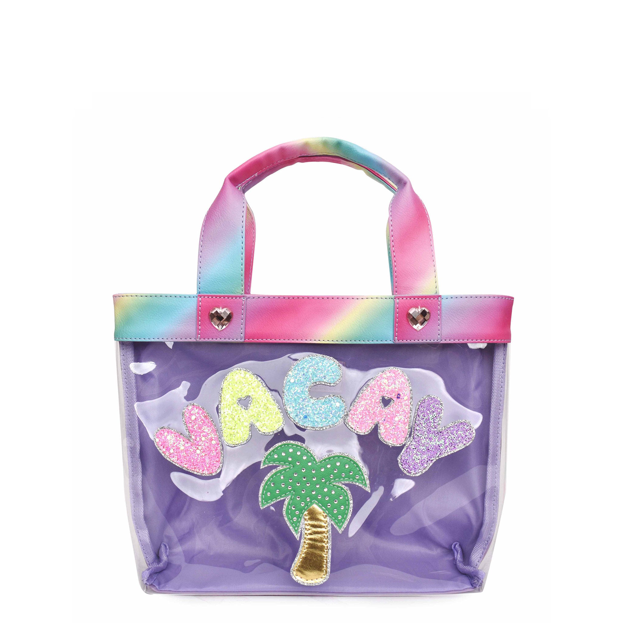 Front view of clear tote bag embellished with glitter bubble letters 'VACAY' and palm tree appliqués 