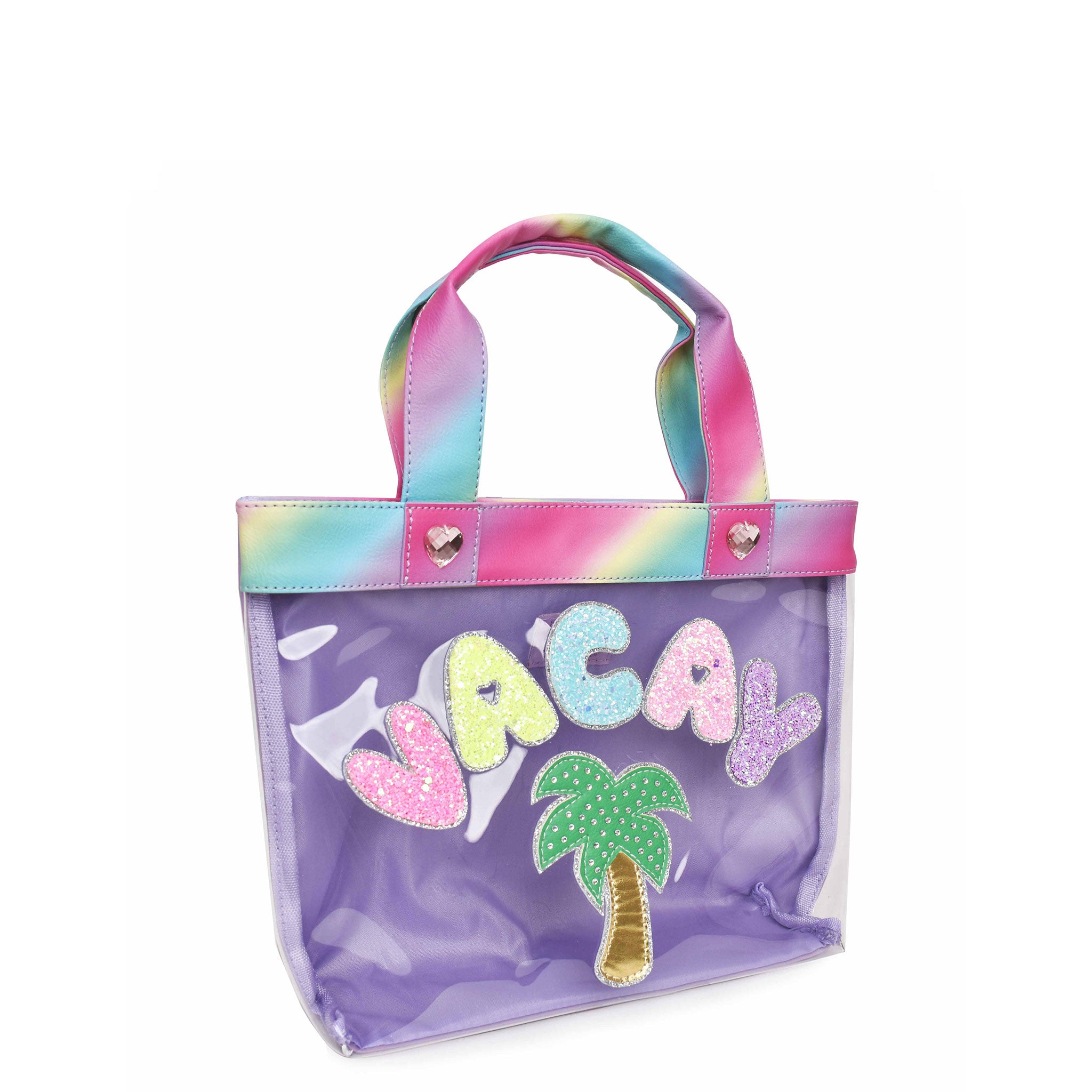 Side view of clear tote bag embellished with glitter bubble letters 'VACAY' and palm tree appliqués