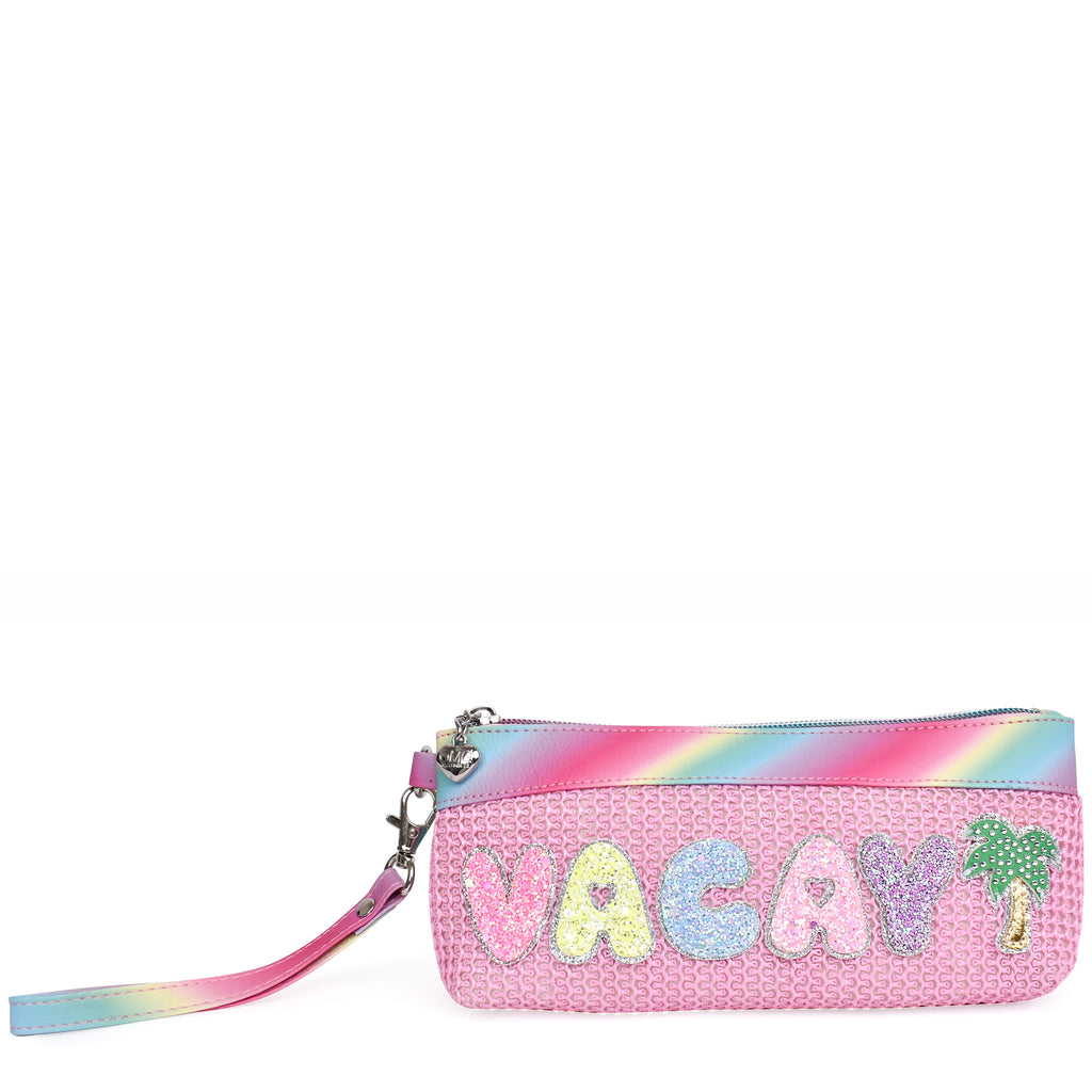Front view of pink straw pencil case wristlet with glitter bubble letters 'VACAY' and palm tree appliqués 