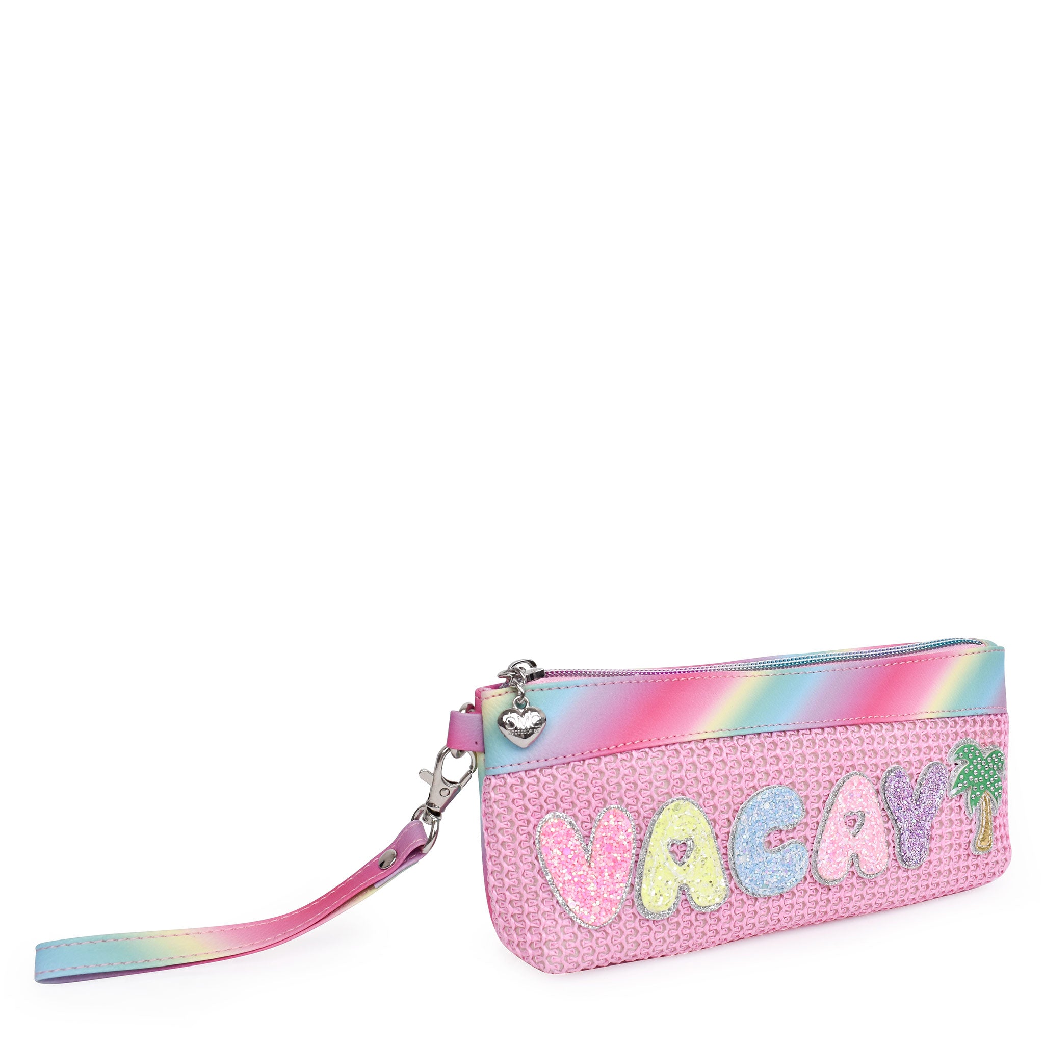 Side view of pink straw pencil case wristlet with glitter bubble letters 'VACAY' and palm tree appliqués