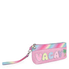 Side view of pink straw pencil case wristlet with glitter bubble letters 'VACAY' and palm tree appliqués