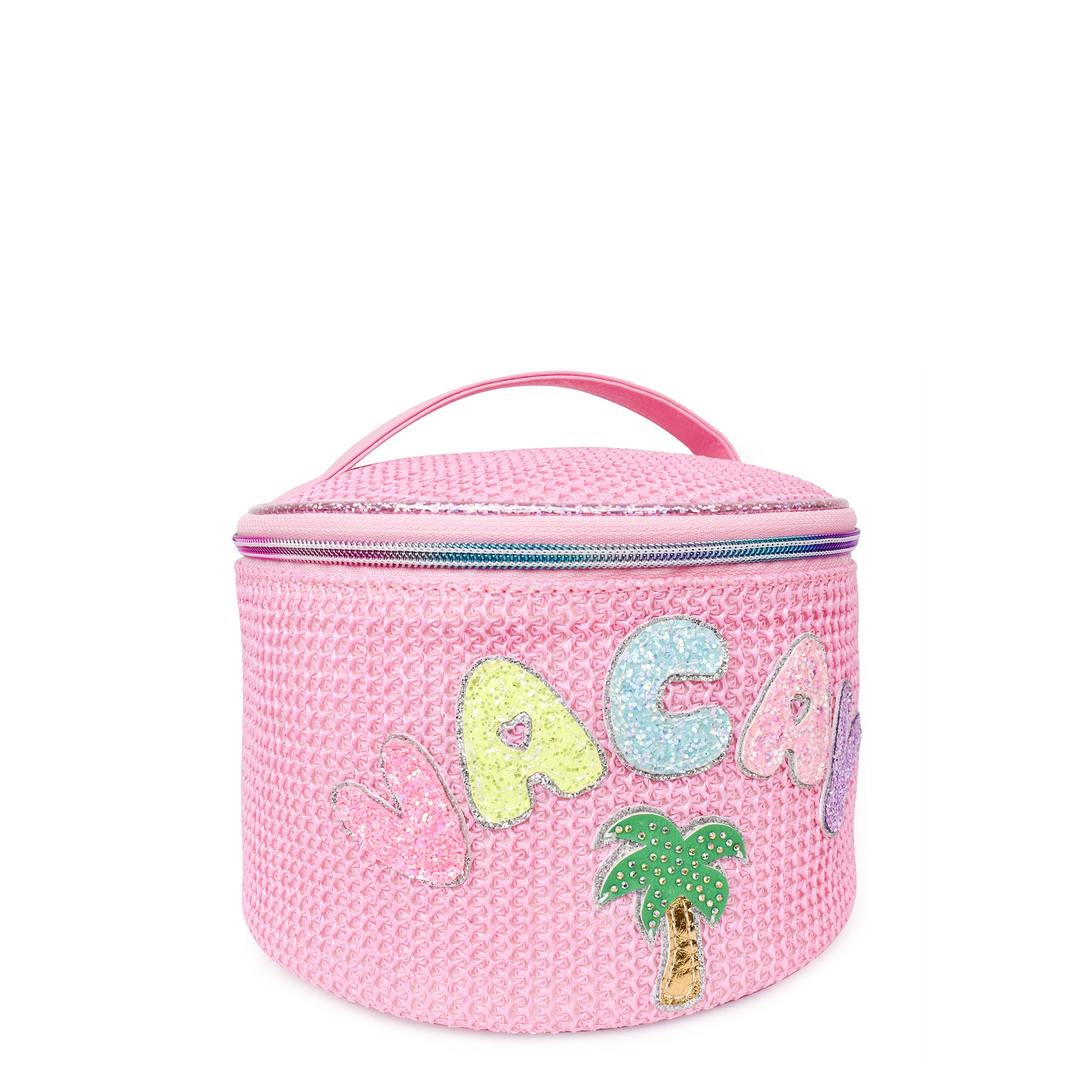 Side view of a pink straw round train case with glitter bubble letters 'VACAY' and palm tree appliqué