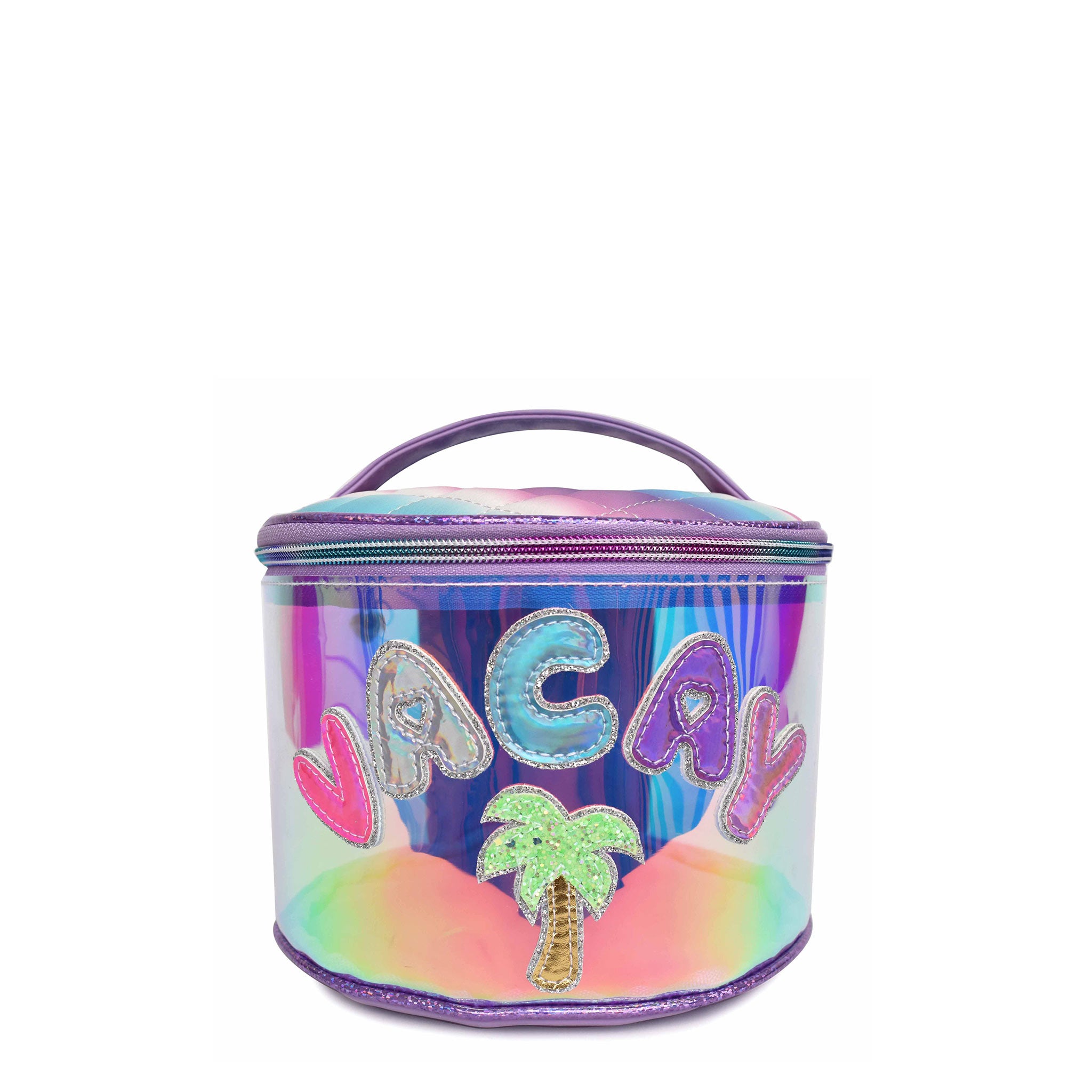 Front view of clear glazed round 'Vacay' glam bag with palm tree patch