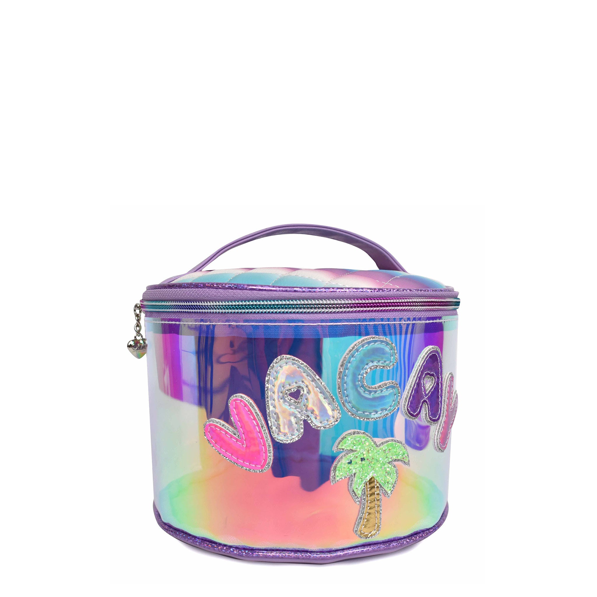 Side view of clear glazed round 'Vacay' glam bag with palm tree patch