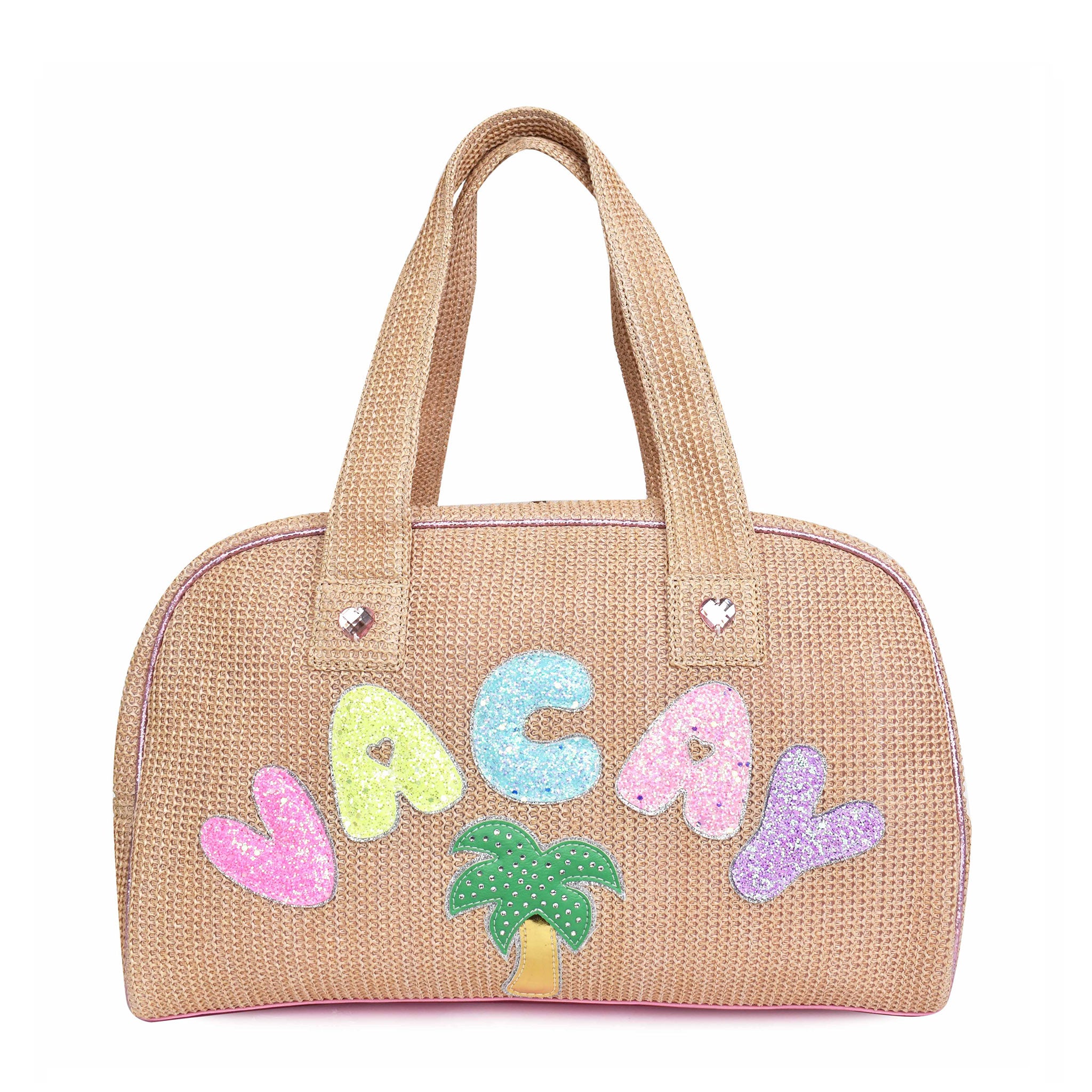 Front view of straw 'Vacay' medium duffle bag with glitter bubble-letter patches and palm tree patch