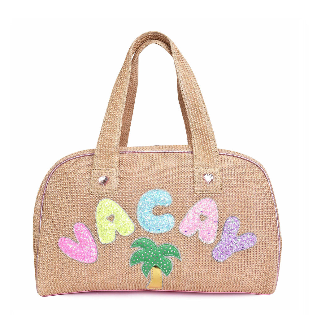 Front view of straw 'Vacay' medium duffle bag with glitter bubble-letter patches and palm tree patch